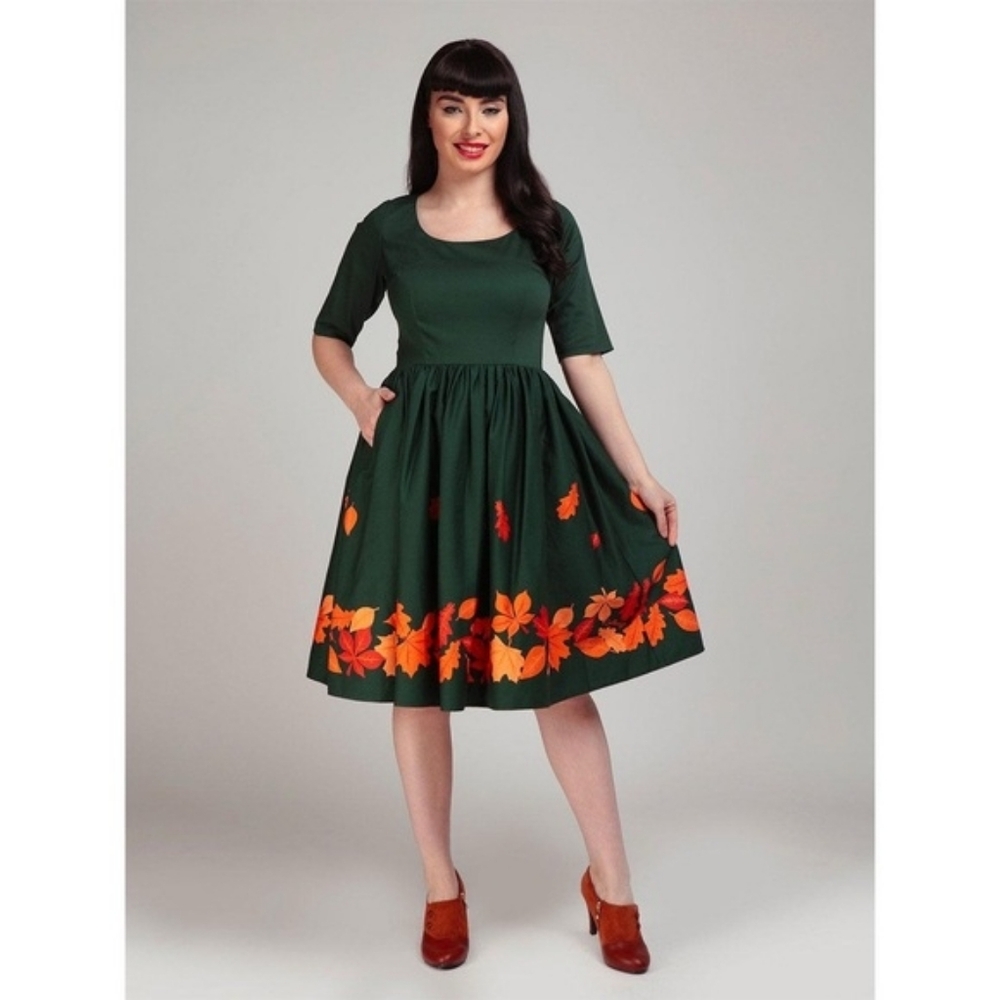 Collectif AMBER-LEA Autumn Leaves Vintage fit & flarw Dress Gown Rockabilly 10US